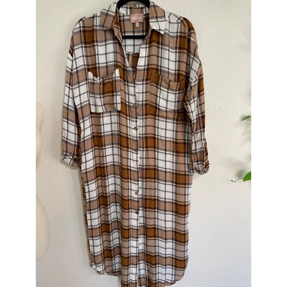 Show Me Your Mumu Leo Button Down Long Tunic Dress Size Small Tan/Blue Plaid - Picture 6 of 13